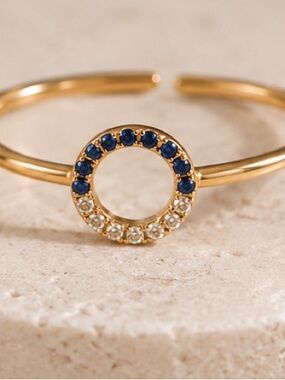 Gold Sapphire Halo Circle Ring Minimalist Stackable